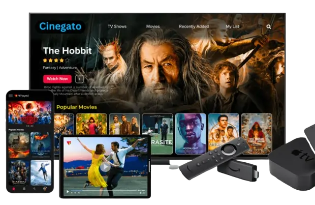 Interface do aplicativo Cinegato TV exibida em uma smart TV, com filme em destaque, títulos populares e suporte a controle remoto para streaming em tela grande.
