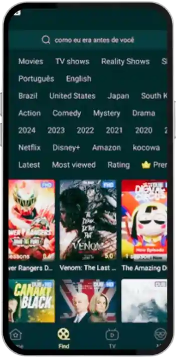 Cinegato APK v2.0.7 atualizado 2026 - Baixar para Android 16 Captura de tela da interface do recurso de busca do aplicativo Cinegato.