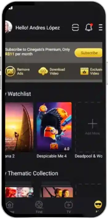 Cinegato APK v2.0.7 atualizado 2026 - Baixar para Android 13 Captura de tela da interface do recurso de perfil do aplicativo Cinegato.
