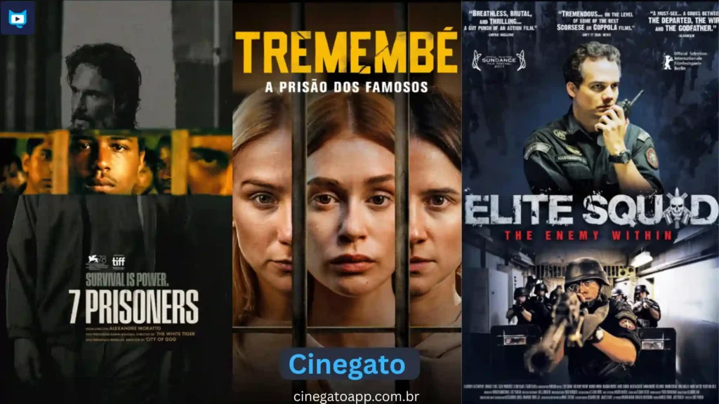Cinegato APK v2.0.7 atualizado 2026 - Baixar para Android 12 Banner do aplicativo Cinegato APK mostrando filmes populares como 7 Prisoners, Tremembé e Elite Squad para assistir online.