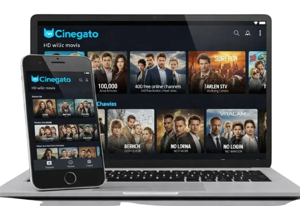 Aplicativo Cinegato PC exibido em um laptop e smartphone, mostrando filmes e canais disponíveis para streaming em telas de PC e desktop.
