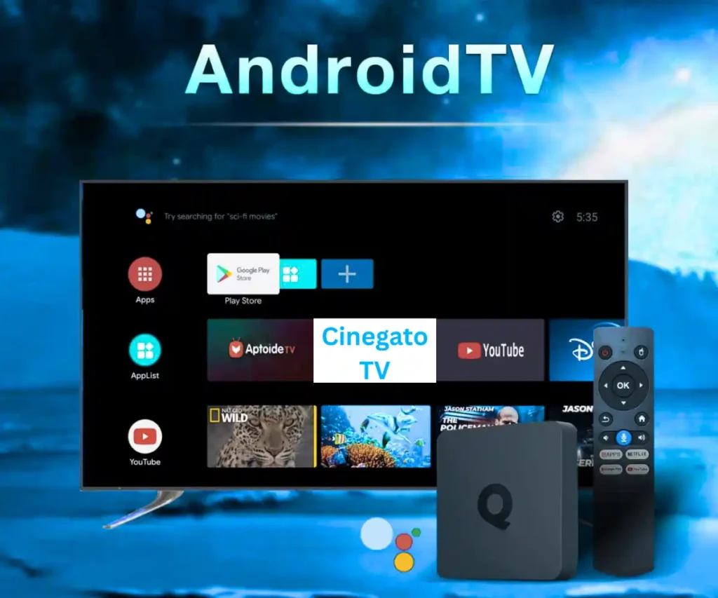Tela inicial do Android TV mostrando o aplicativo Cinegato TV, com smart TV, TV box e controle remoto para streaming em tela grande.