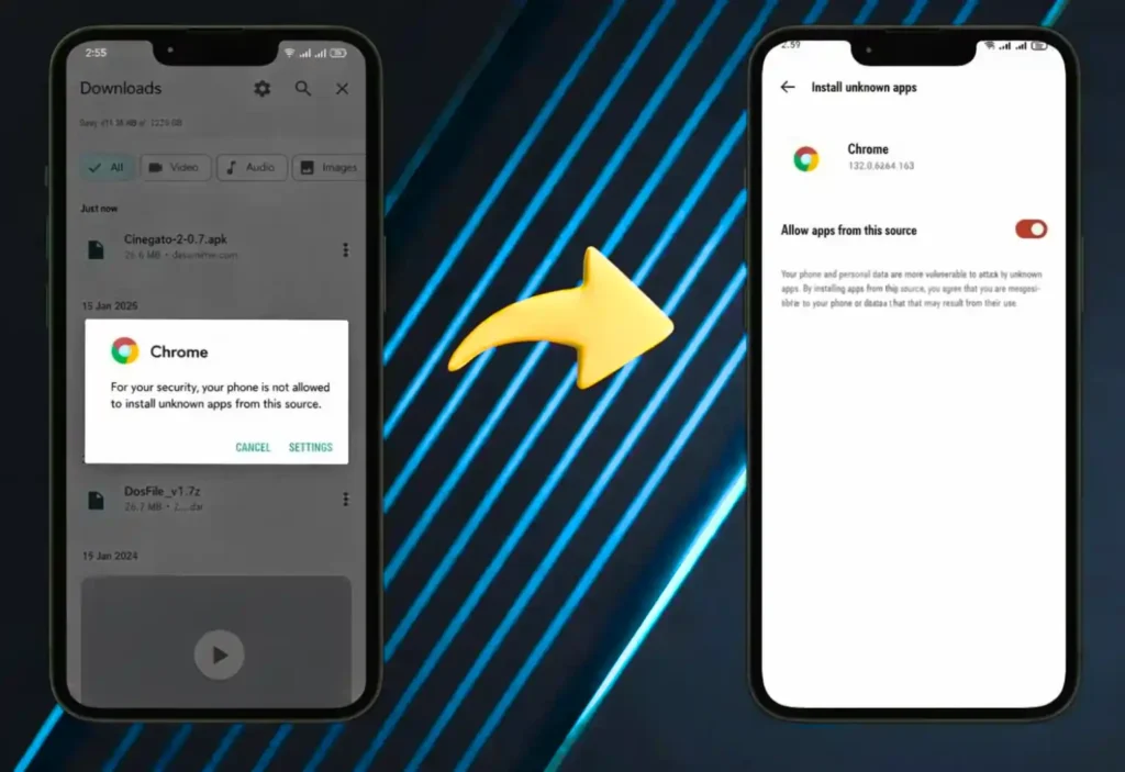 Cinegato APK v2.0.7 atualizado 2026 - Baixar para Android 19 Permitir instalação de aplicativos de fontes desconhecidas no Android usando o Google Chrome, mostrando a tela de segurança e a opção “Permitir desta fonte” para instalar arquivo APK.